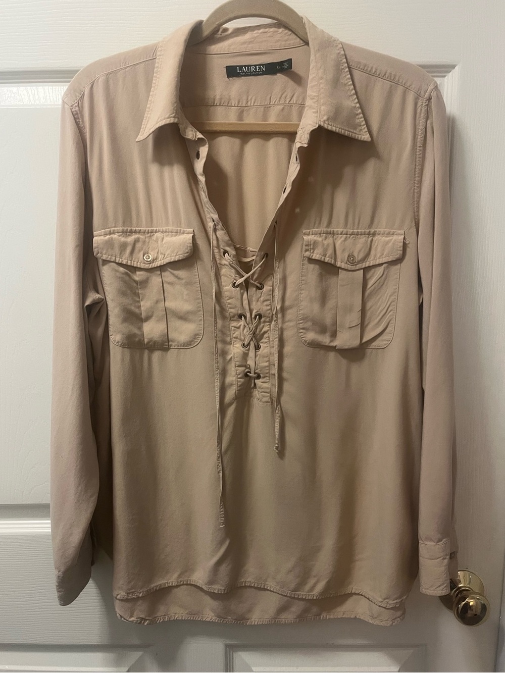Lauren Ralph Lauren Womens XL Beige LaceUp Utility Blouse Lg Sleeve Safari Shirt